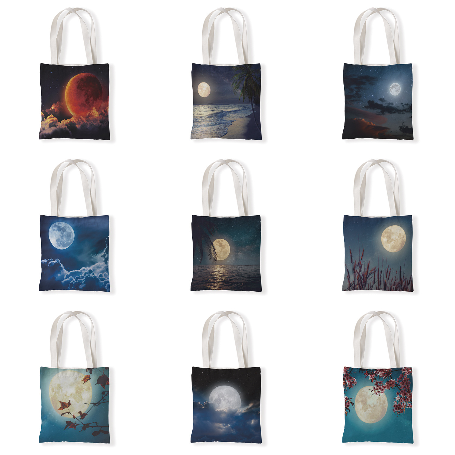 夜晚月亮创意帆布单肩袋百搭包学生手拎包休闲零钱袋环保购物袋
