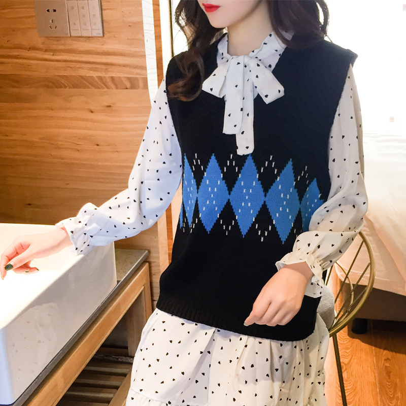 2020秋冬新款韓版寬松百搭學院風V領針織馬甲女毛線無袖毛衣背心