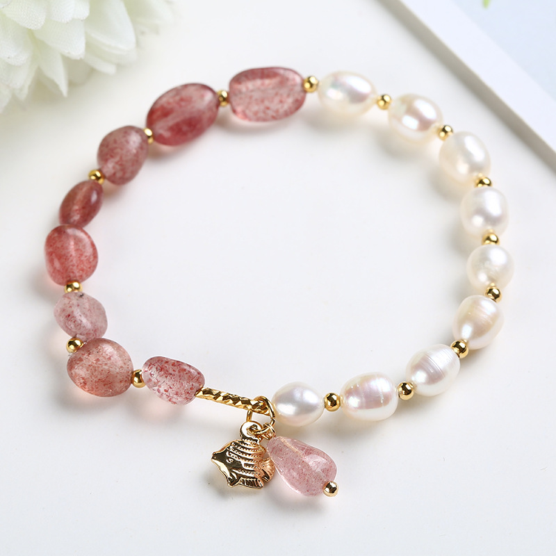 Pulsera de miel de tocador de perlas de agua dulce natural pulsera de cristal ins nicho diseño estilo coreano hermana neta pulsera roja cristal de fresa