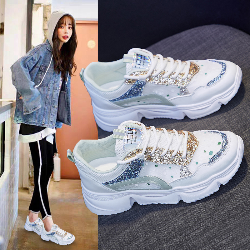 2025 Summer New Korean Style Mesh Shoes Sequined Internet Celebrity Heightening Dad Shoes Students Breathable Sports and Leisure Women's Shoes