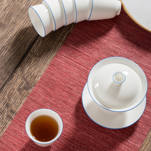 High-end white porcelain tea set with high-quality Dhua sheep fat jade, gold-trimmed ceramic Sandai cover bowl Gongfu tea set for wholesale