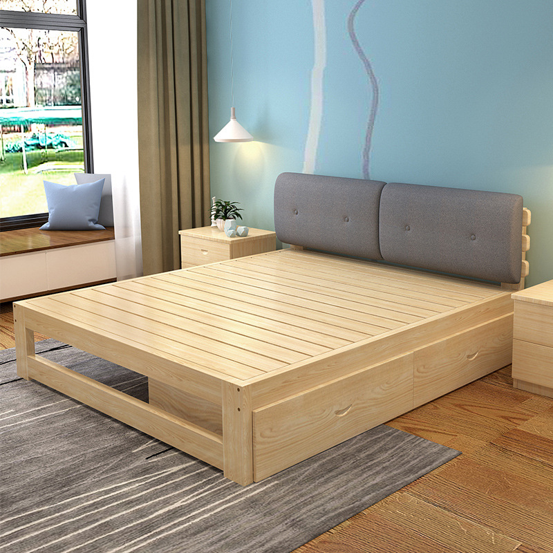 Modern simple solid wood soft bed 1.8 m simple wooden bed children single bed 1 meter rental bed 1.2 meters solid wood