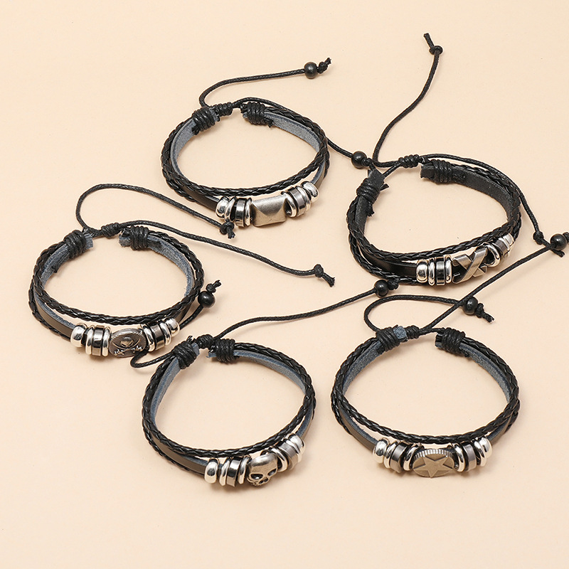 new  punk skull  adjustable rock beaded leather bracelet