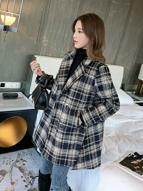 Abrigo de lana para mujer Otoño e Invierno 2022 nuevo traje a cuadros retro estilo coreano suelto todo partido abrigo de lana de longitud media image 9