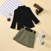 Children’s high collar long sleeve solid color top belt tooling short skirt children’s suit