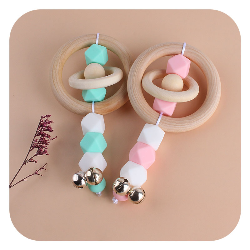 Nueva DIY dibujos animados Hemu anillo de madera mano palo sonajero juguete mordedor bebé silicona teether palo