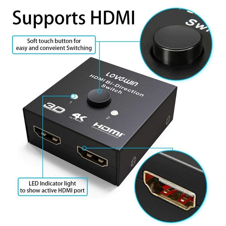 HDMI переключатель 2 в 1, HDMI двухканальный переключатель, поддержка 4K