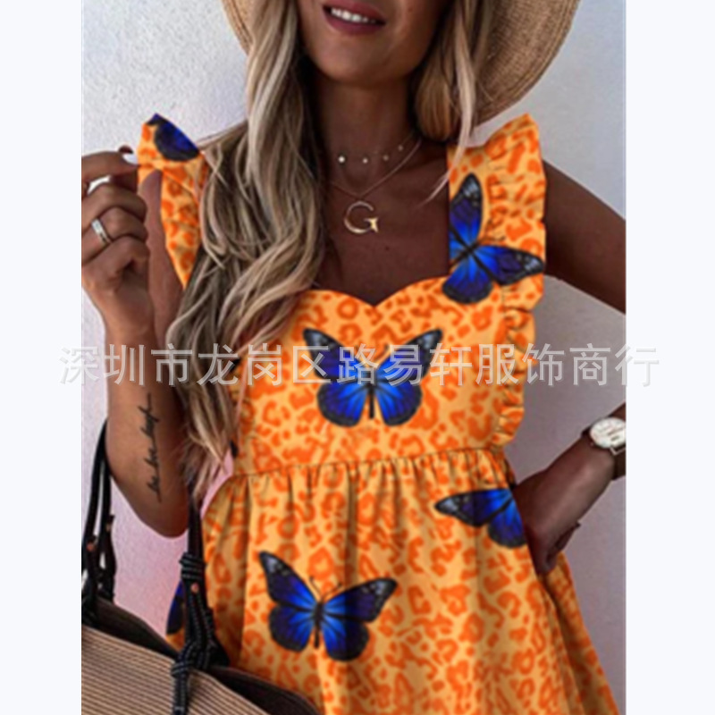 Cross-border 2023 Summer New Women's Clothing Amazon European and American Explosions Leopard Butterfly Printed Square Neck Large Swing Dress
