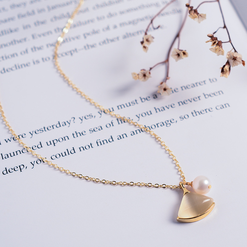 Korean Style Simple Natural Freshwater Pearl Necklace Temperament14k Gold-filled Shell Fan Pendant Necklace Jewelry