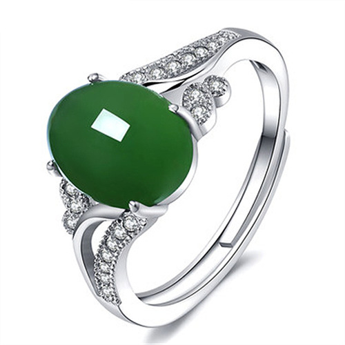 Natural Hetian jade jasper silver plated emerald open ring cabochon emerald green chalcedony ring