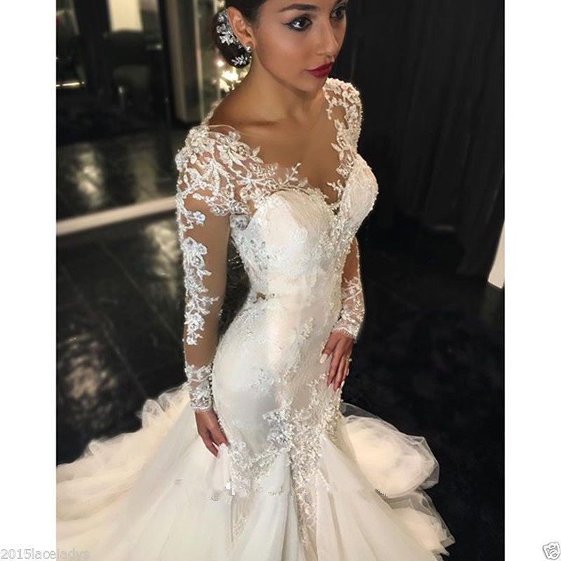 Amazon new foreign trade wedding dress wholesale cross-border bride perspective long sleeve lace fishtail wedding dress custom