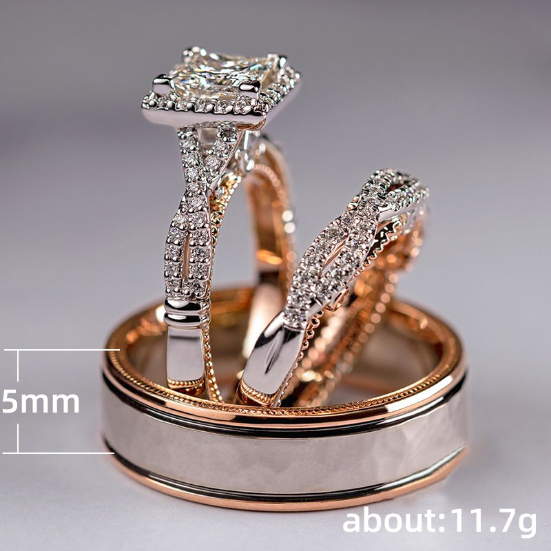 Fashion Three-piece Ring Rose Gold Sparkling Zircon Copper Ring Luxury Engagement Ring display picture 1