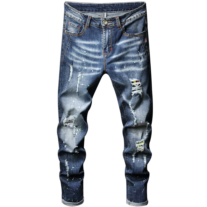 Supply Cross-Border Factory Men's Jeans Ripped Straight-Leg Trousers ...