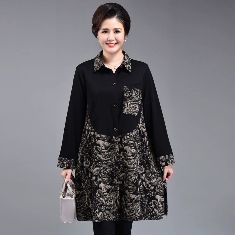 2021 Рубашка Весенняя одежда для среднего и пожилого возраста Женская ветровка с длинными рукавами Верхний костюм Эластичный Топ Подходящий по цвету Длинный кардиган Плюс жир