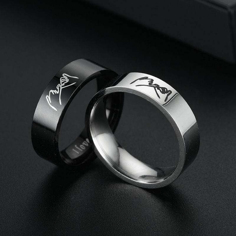 Titanium Steel Retro Love Ilove You Hand In Hand Couple Ring display picture 10