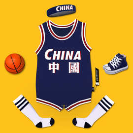 夏婴儿连体篮球服婴幼儿新生儿包屁衣爬服宝宝中国深蓝色棉连体衣