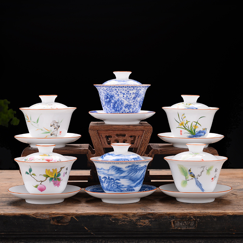 4.2inch Blue and White Tureen Tea Cup Creative Kung Fu Tea Set Tea Bowl 190ml Large Ceramic Sancai Tureen