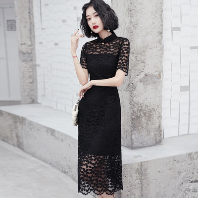 Black lace Chinese dress qipao oriental cheongsam dresses for women elegant temperament modified version dress