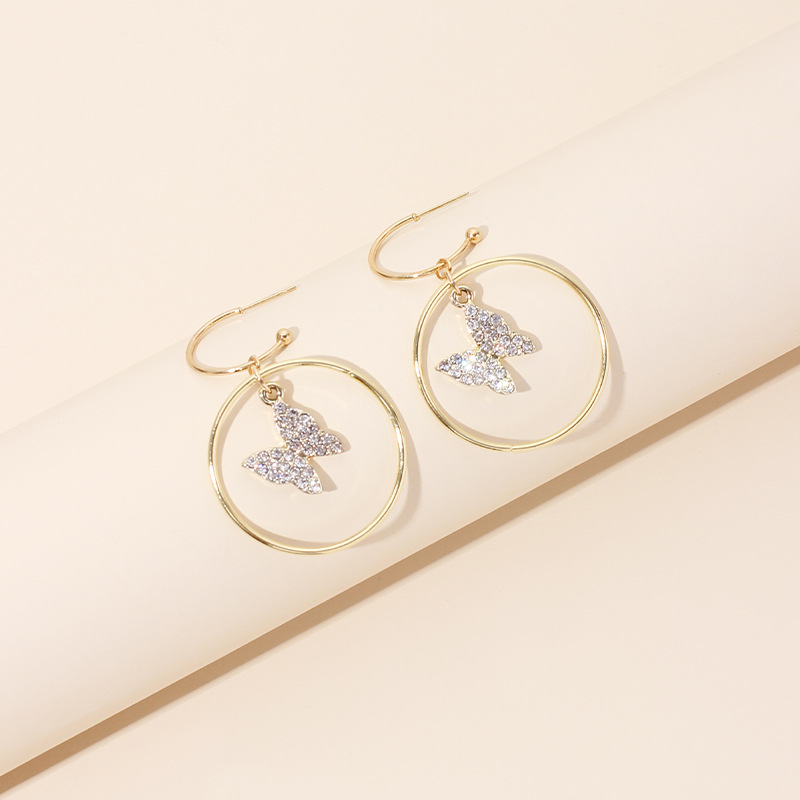 8g Weight Earrings Classification Wedding, Travel Occasion Butterfly Pattern Women'S Gender Gold Color Fashion Diamond-studded Geometric Big Circle Earrings Butterfly Pendant Rhinestone Earrings Wholesale Nihaojewelry 1