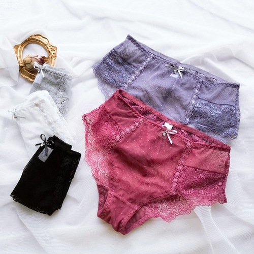 Summer new lace women's mid-waist thin underwear Japanese girls black hip-covering breathable women's briefs