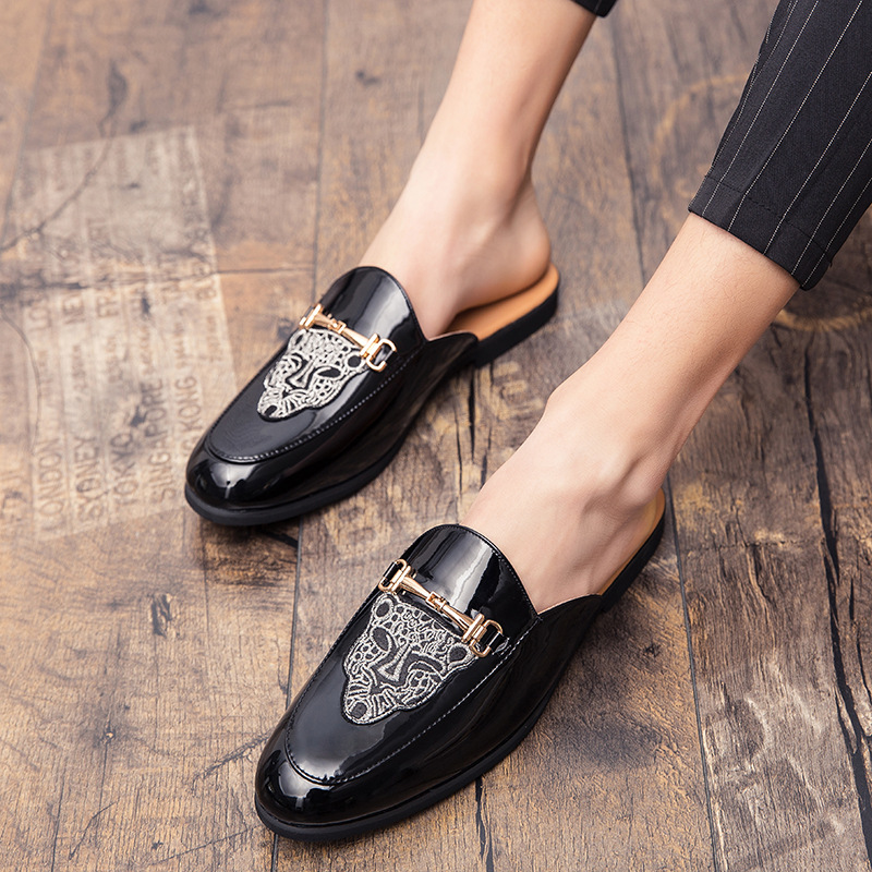2021 Spring/Summer New Loafers Shiny Leather Half Slippers Trendy Breathable Casual Men's Shoes Fashion Embroidery_vogvips.com