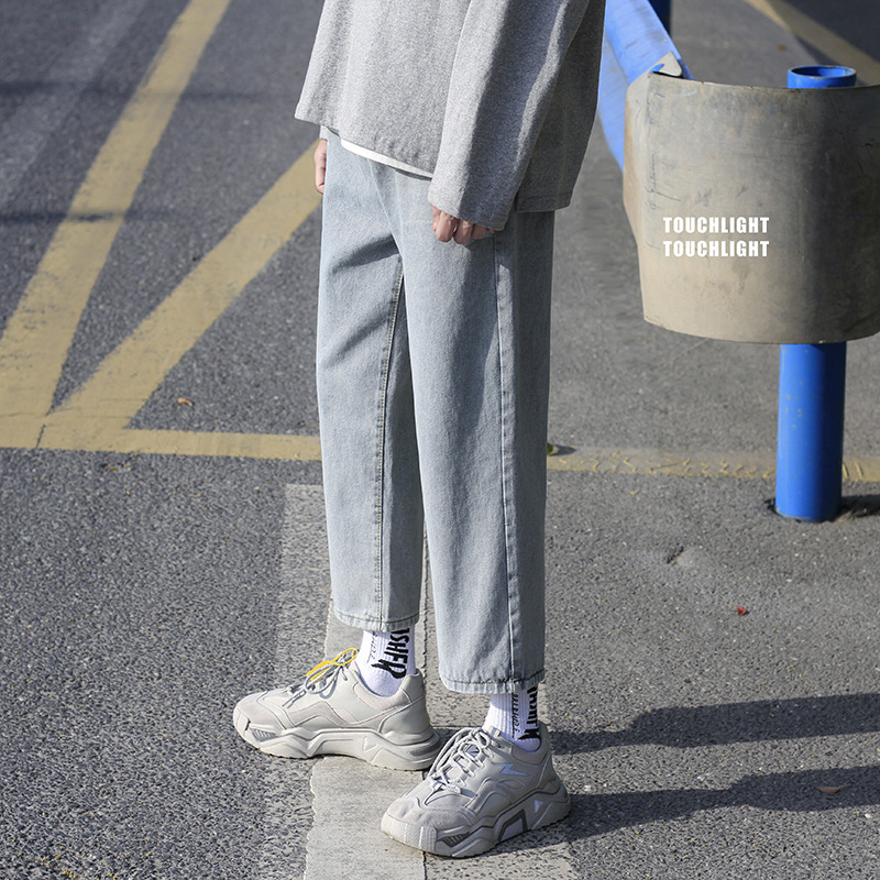 2020 New Spring and Summer Nine-point Jeans Men's Trendy Hong Kong-style Jeans Men's ins Trendy Brand Simple Nine-point Denim