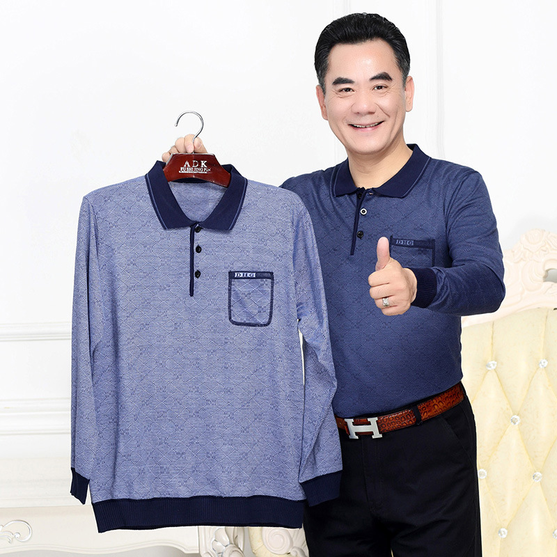 Middle-aged and Elderly Long-sleeved T-shirt Men's Spring and Autumn Thin Top Lapel Autumn Clothes Knitted Base Shirt with Real Pocket
