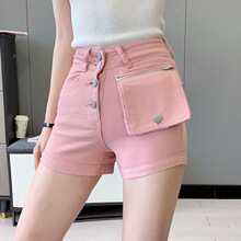 2021夏季新款时尚韩版气质可拆卸口袋直筒淘宝排扣牛仔短裤女热裤