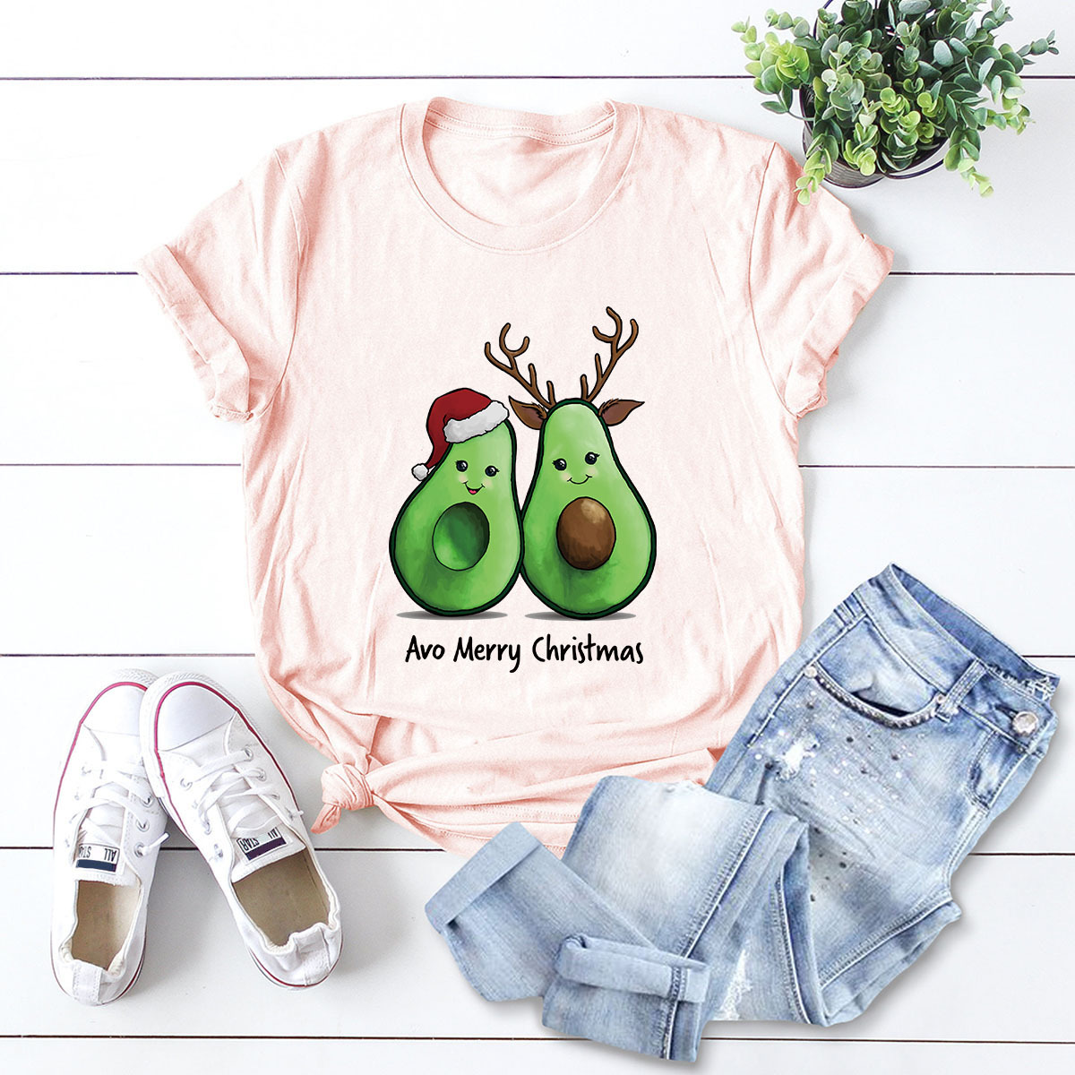 short-sleeved t-shirt women s top Merry Christmas avocado NSSN4171