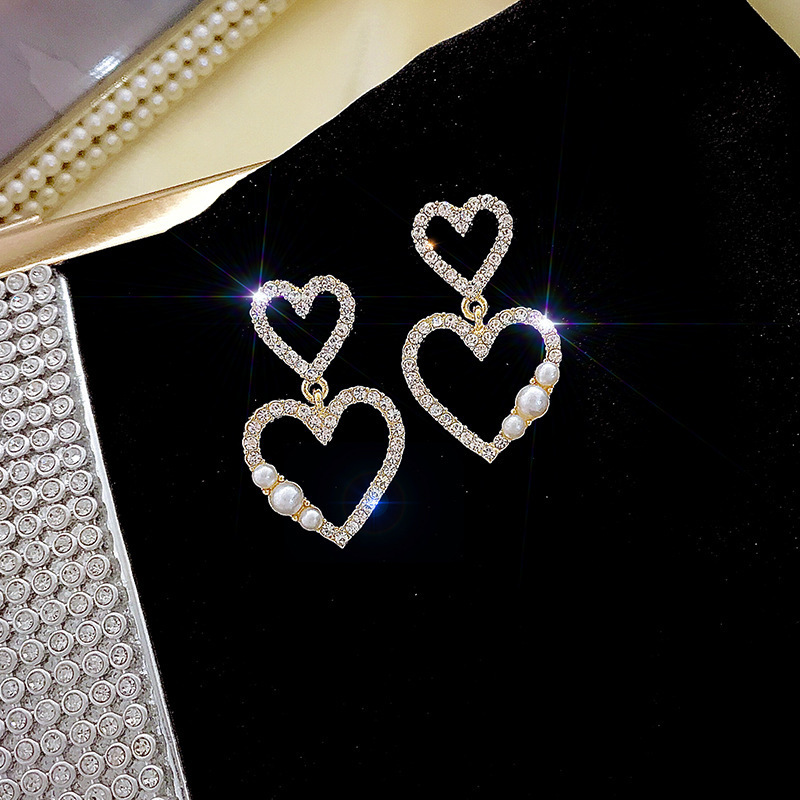 925 Aguja De Plata Moda Coreana Diamante Completo Doble Amor Melocotón Hueco Corazón Perla Nuevos Pendientes De Moda display picture 5