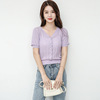 Korean Short Sleeve V-neck thin knitwear temperament fashion short purple top