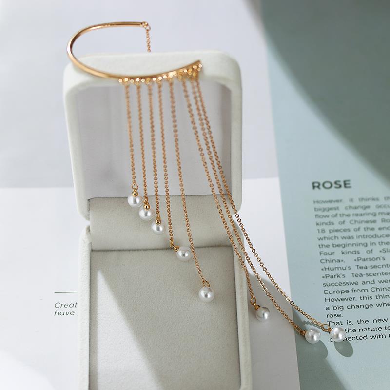Pendientes largos de perlas estilo europeo para mujer_voghion.com