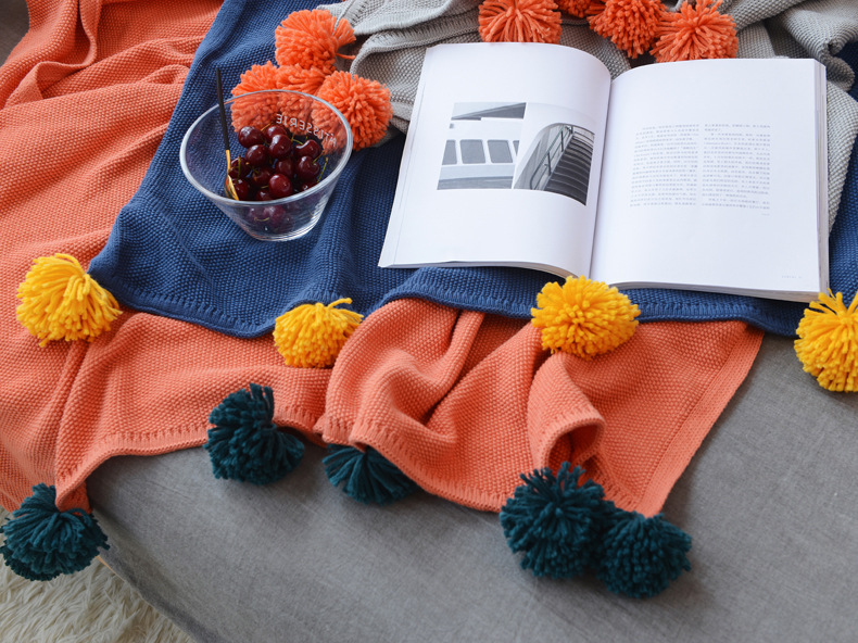 新款撞色纯棉球球毯 全棉午睡盖毯ins风沙发盖毯 小清新装饰盖毯