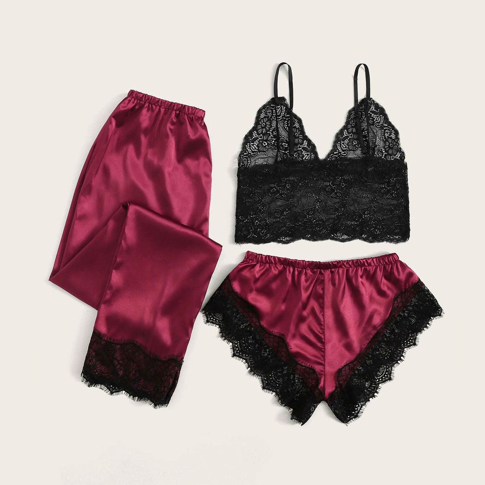 new wine red sexy satin three-piece lingerie  NSYO8716