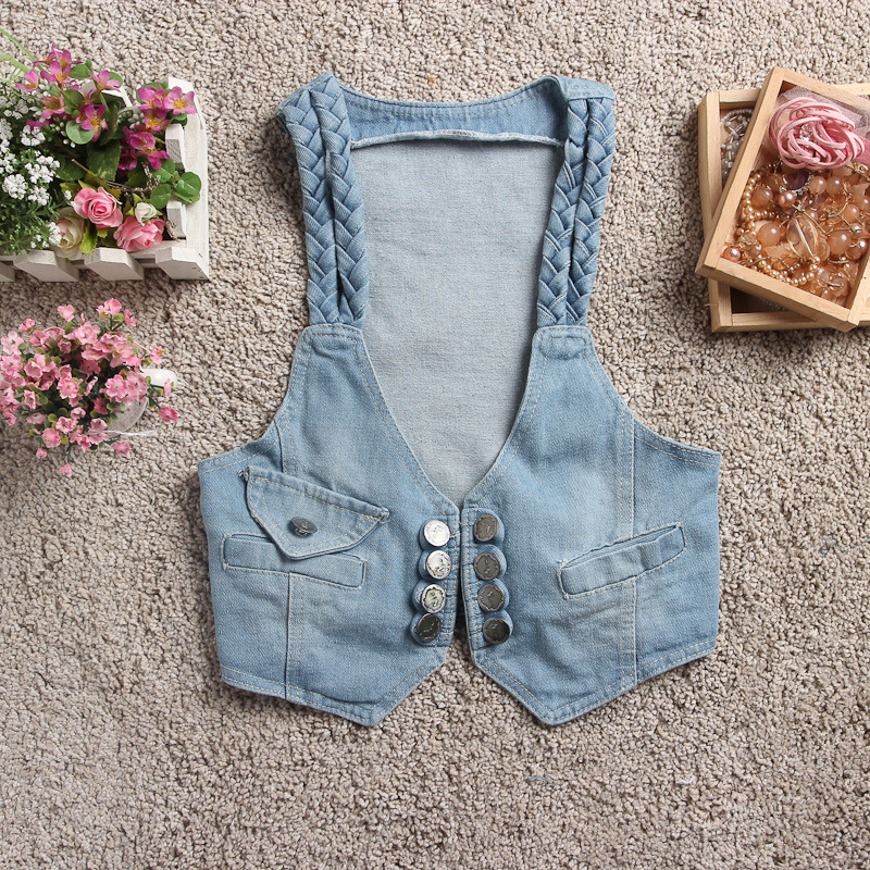 Real Shot of 6012 Summer Women's New Fashion Vivi Korean Style Braided Denim Vest Small Waistcoat Workwear Vest Real Shot of 6012 Summer Women's New Fashion Vivi Korean Style Braided Denim Vest Small Waistcoat Workwear Vest