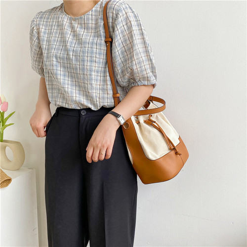 Bags Women's Shoulder Bag Summer Korean Fashion Trend Messenger Bag Personalized Splicing Canvas Hand-Bucket Bucket Bag Women