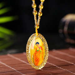 New Arrival Yellow Namo Amitabha Temple Oval Guanyin Lengyan Mantra Pendant—Glazed Talisman Featuring Guanyin Scriptures and a Buddha Statue