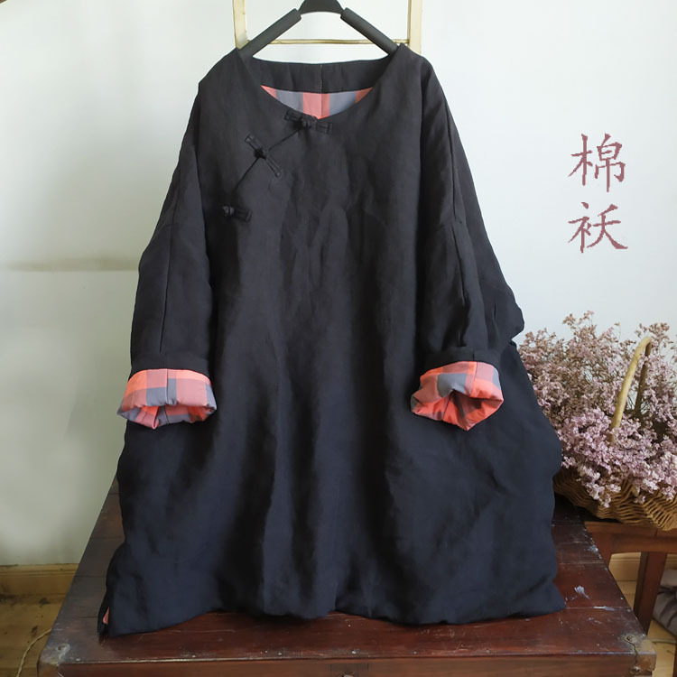 原创冬季新款亚麻古韵中式夹棉棉衣棉袄棉麻休闲女式大码冬装*灿|ru