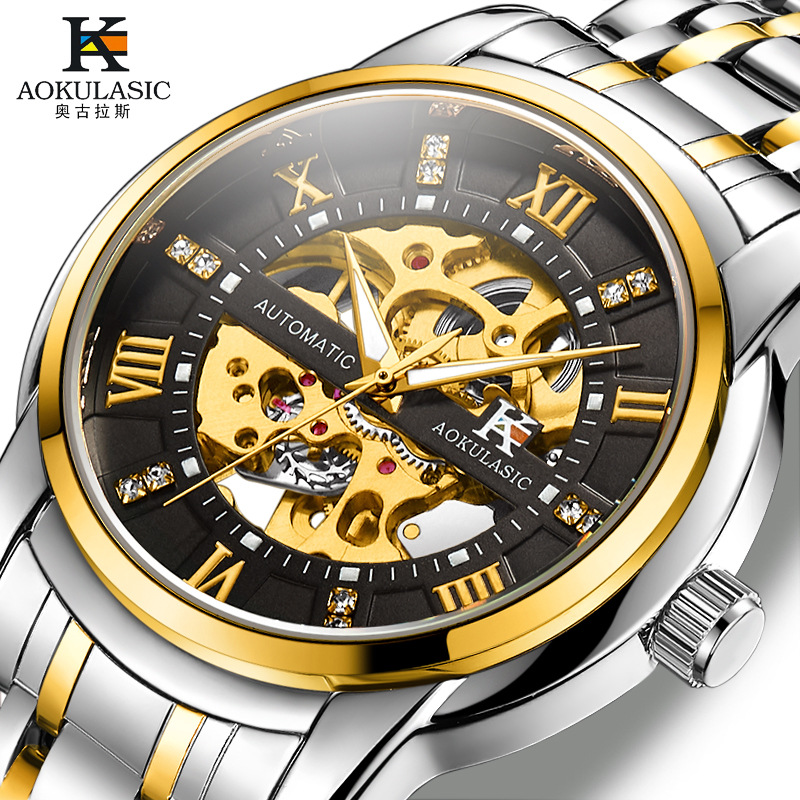 Ogulas AOKULASIC hombres correa de acero reloj mecánico automático hueco volante negocio reloj 5066