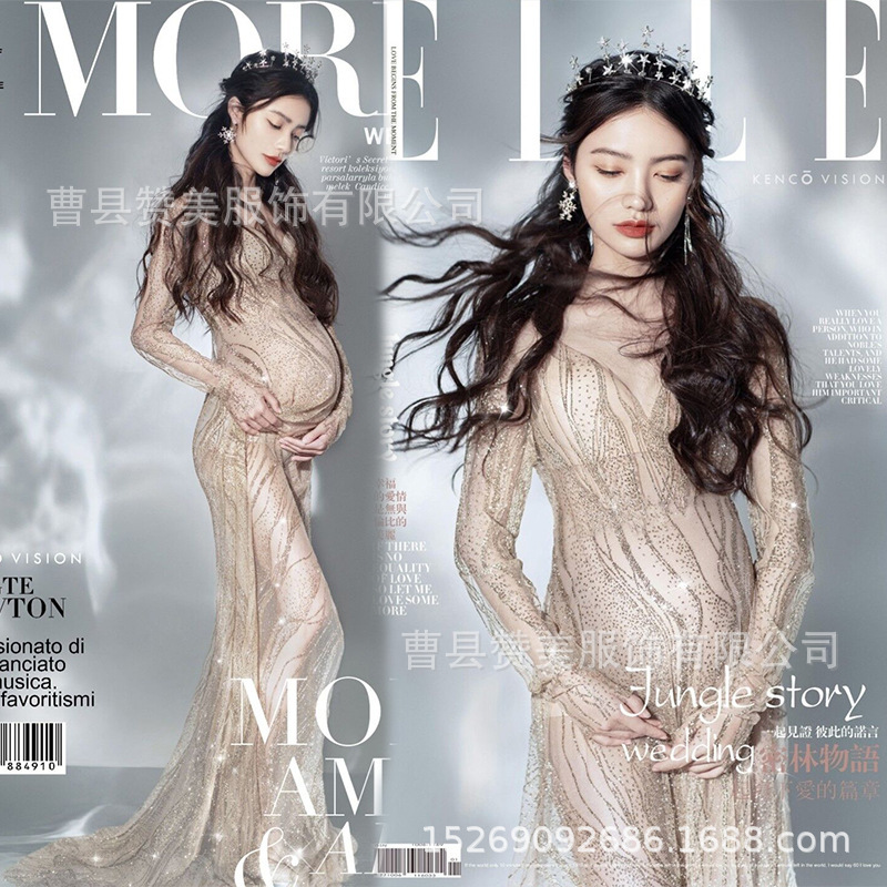 Photo Studio New Maternity Dress Shooting Golden Tail Dress European and American Fan Big Belly Mummy Photo Photography Clothing