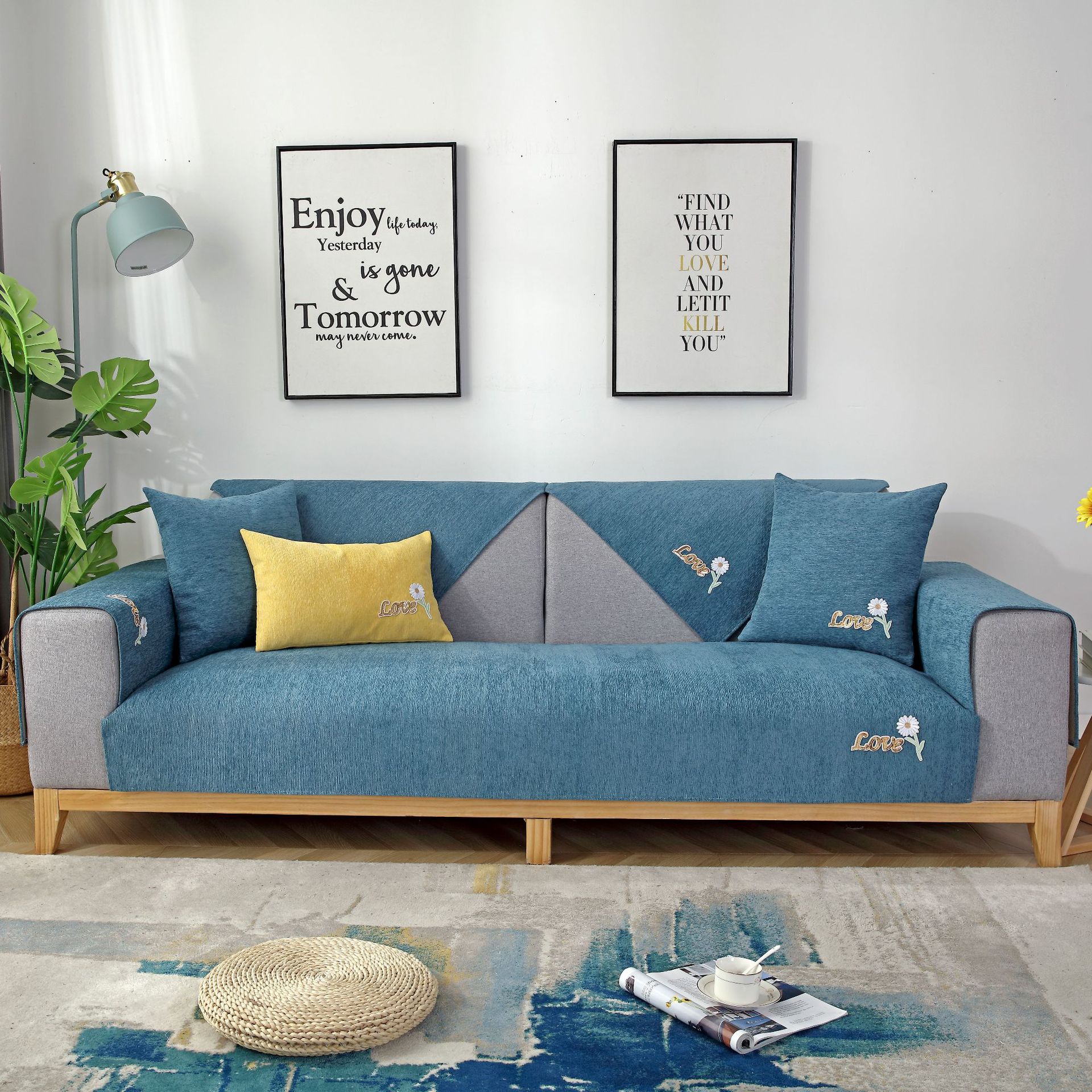 四季沙發墊簡約純色雪尼爾布藝刺繡繡花防滑現代通用全包萬能套子