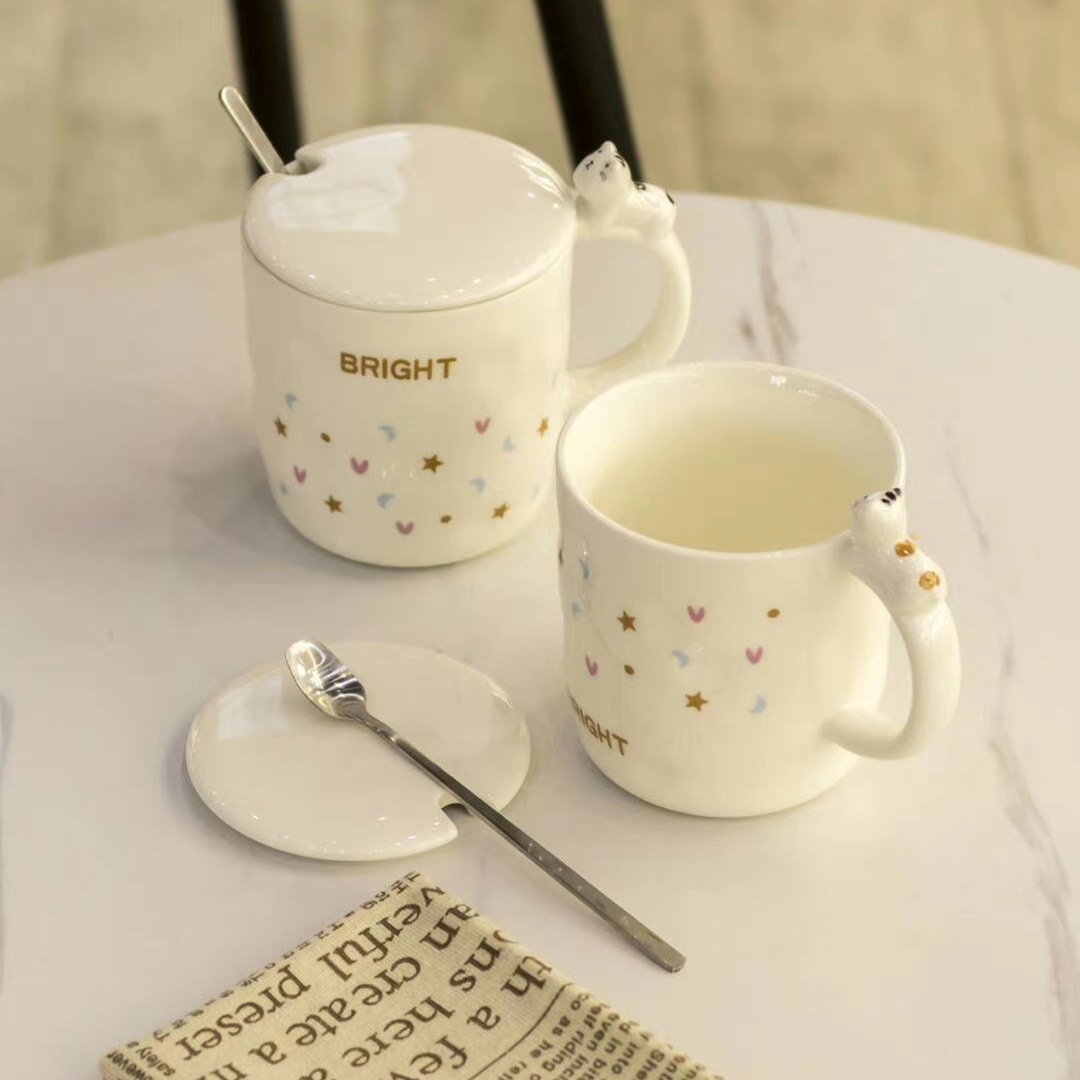 Creativo lindo gatito taza con tapa cuchara en relieve simple estilo japonés de Café cerámica personalizada agua