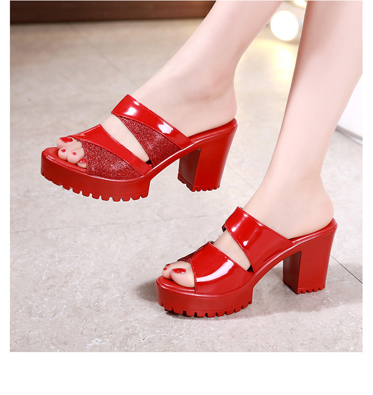 Dép sandal nữ da bóng cao gót phối màu mũi hở, xỏ ngón, size lớn 43 — Màu đen, Màu bạc, Màu đỏ chi tiết 11