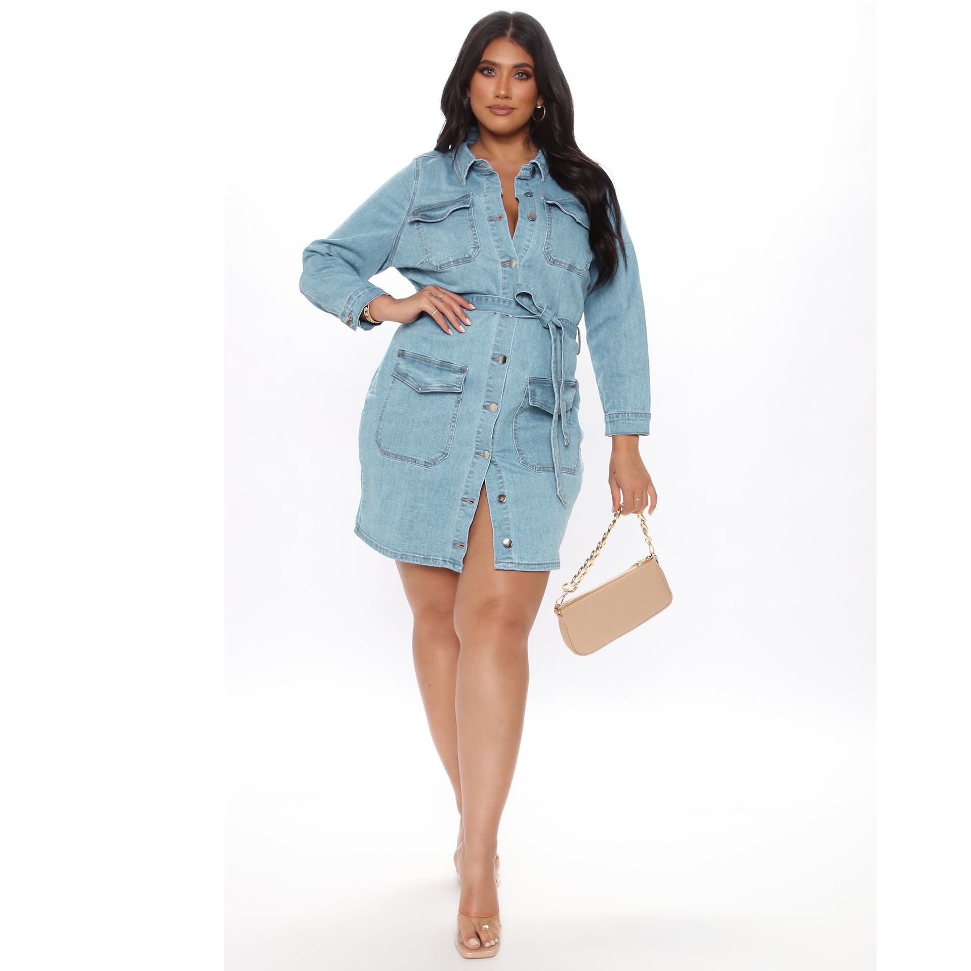 Single-Breasted Slim Denim Long Sleeve Dress NSMRF116565