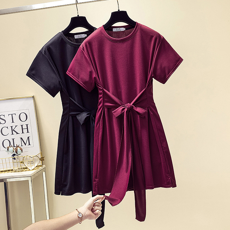 实拍2020夏季新款宽松收腰绑带短袖裙子连衣裙气质A字打底短裙子|ms