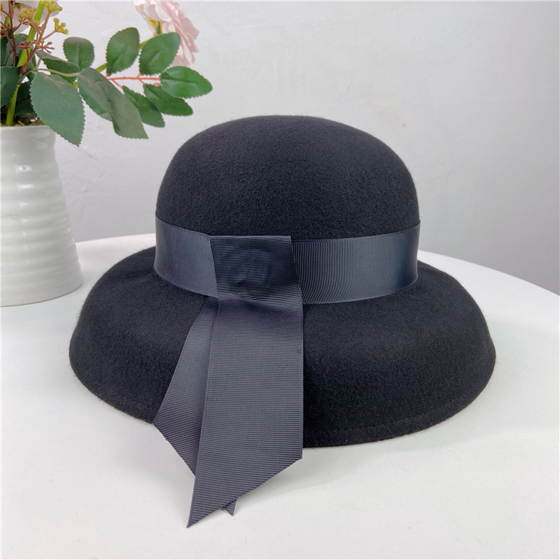 赫本风大檐礼帽女秋冬天街拍走秀灯罩帽羊毛呢帽子遮阳帽飘带盆帽