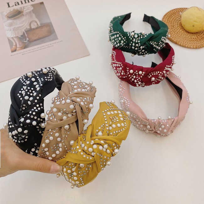 Hot Selling Fashion Pure Color Hair Bundle Knotted Fabric Beaded Headband display picture 1