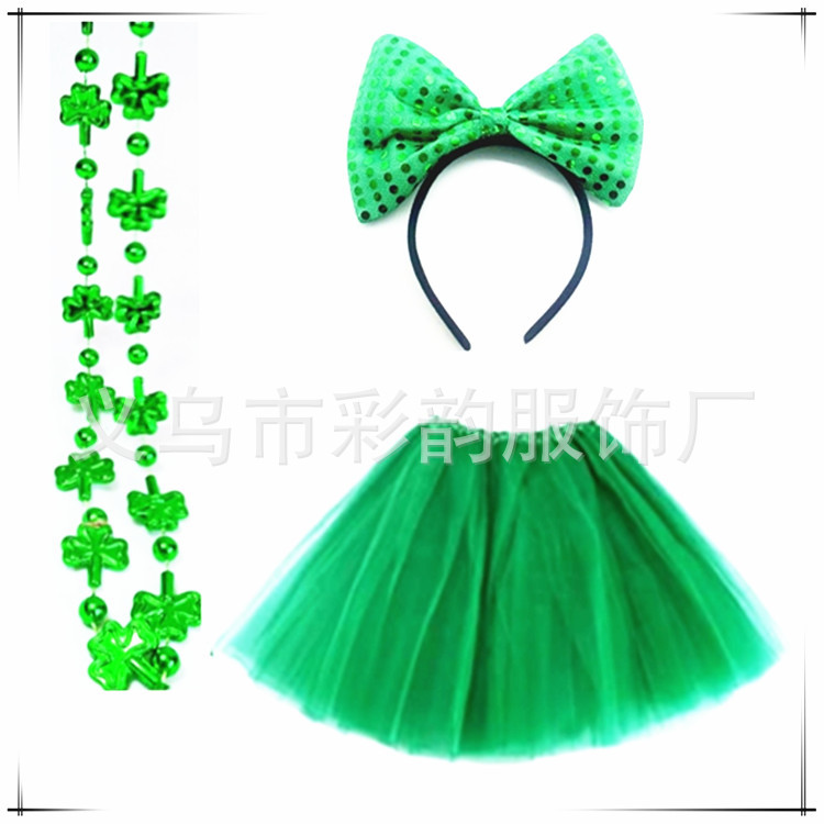 Nuevo set irlandés de día de San Patricio vestido de princesa verde set de arco arnés vestido de cadena de cuentas