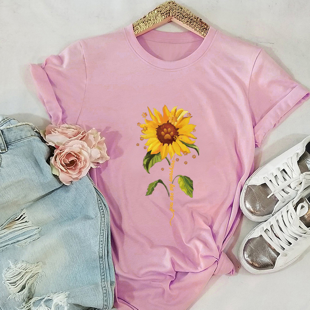 Camiseta de manga corta cómoda con flores de girasol NSSN1473