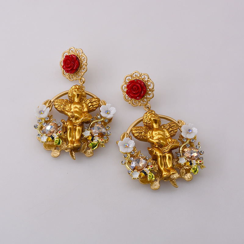 1 Pair Quantity 1 Pair IG Style Angel Flower Inlay Alloy Rhinestones Drop Earrings